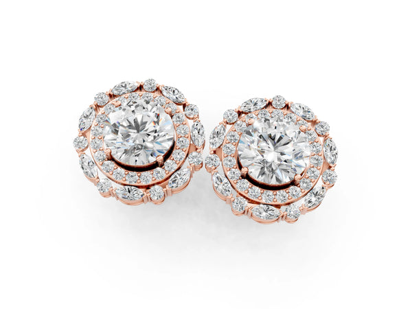 Rose gold Round Diamond Double Halo Stud Earrings with Prong Setting