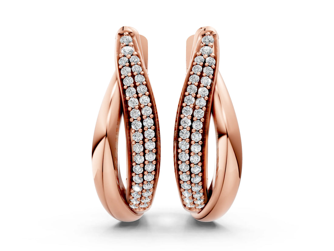 Rose gold Round Diamond Double Row Huggie Hoop Earrings_4