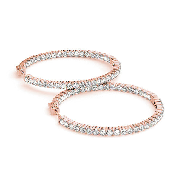 Rose gold Round Diamond Eternity Hoop Earrings with Pavé Setting and Shared Prong