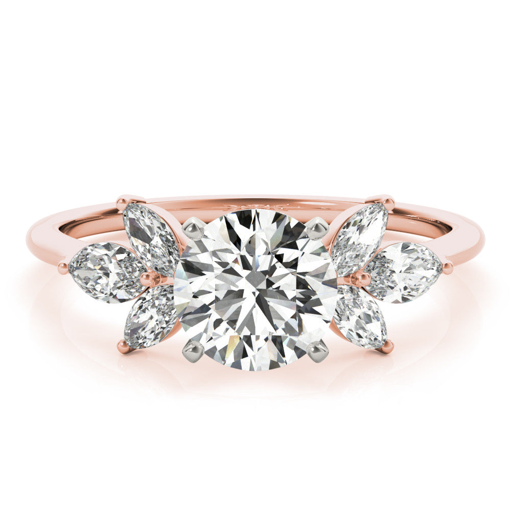 Rose gold Round Diamond Floral Cluster Ring with Marquise Side Stones and Six-Prong Solitaire Setting 1