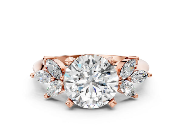 Rose gold Round Diamond Floral Cluster Ring with Marquise Side Stones and Six-Prong Solitaire Setting