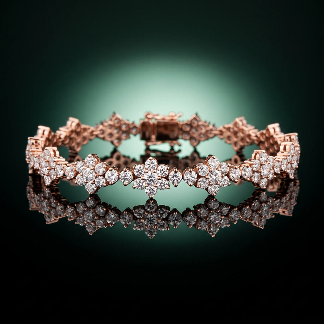 14K Rose Gold Round Diamond Floral Cluster Tennis Bracelet with Prong Setting