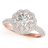 Rose gold Round Diamond Floral Halo Ring with Pavé Band and Four-Prong Setting