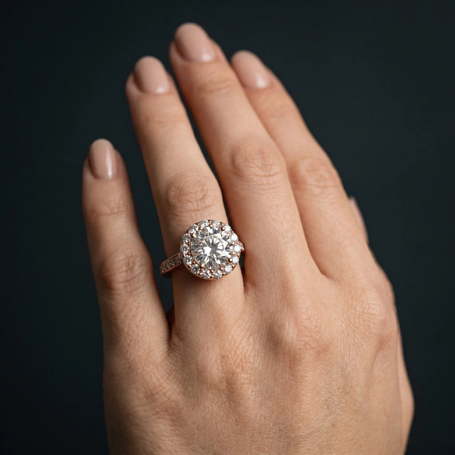 Rose gold Round Diamond Floral Halo Ring with Pavé Band and Prong Setting