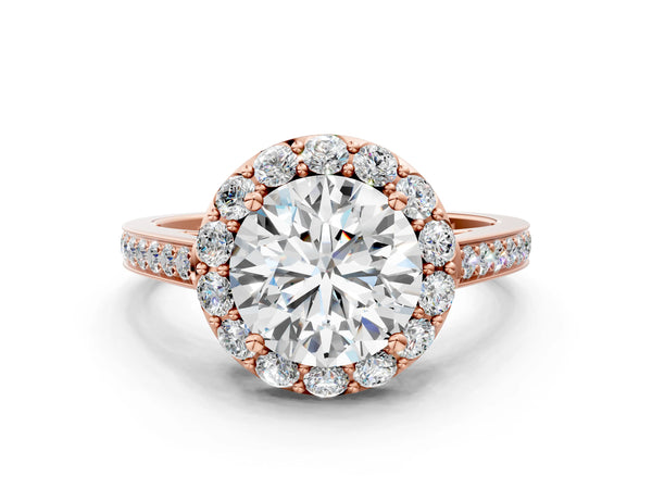 Rose gold Round Diamond Floral Halo Ring with Pavé Band and Prong Setting