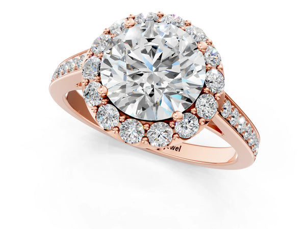 Rose gold Round Diamond Floral Halo Ring with Pavé Band and Prong Setting