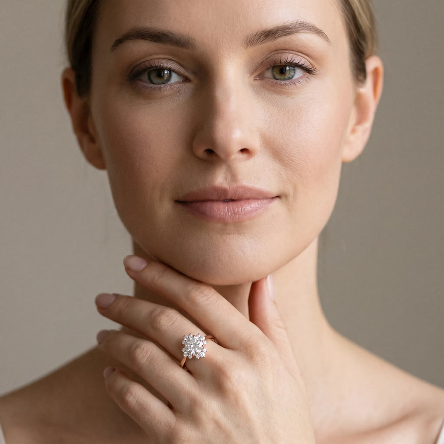 Rose gold Round Diamond Floral Halo Ring with Plain Band and Prong Setting