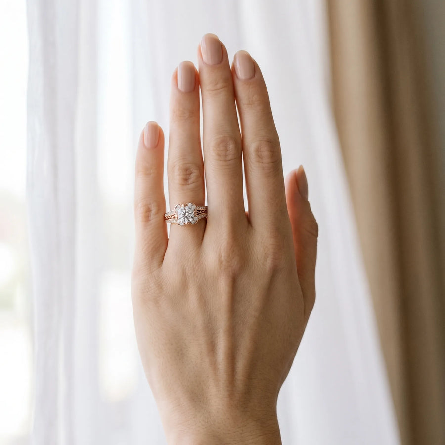 Rose gold Round Diamond Floral Halo Split Shank Engagement Ring