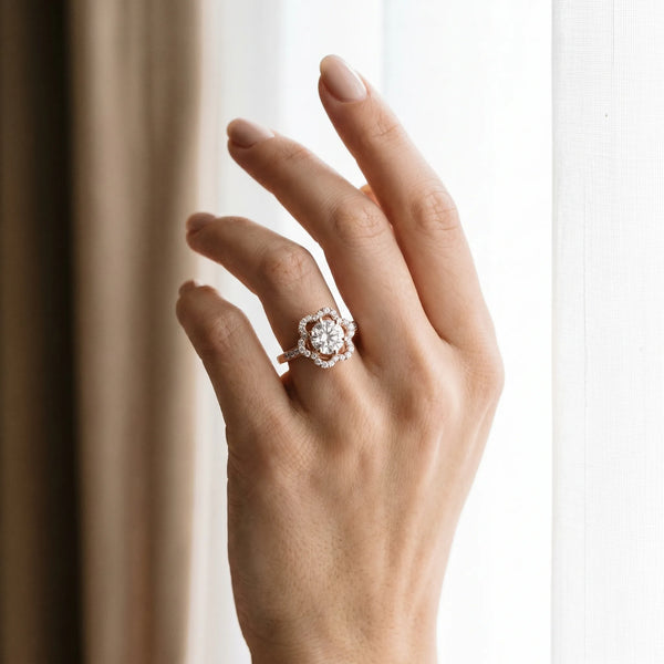 Rose gold Round Diamond Floral Halo Split Shank Prong Setting Ring
