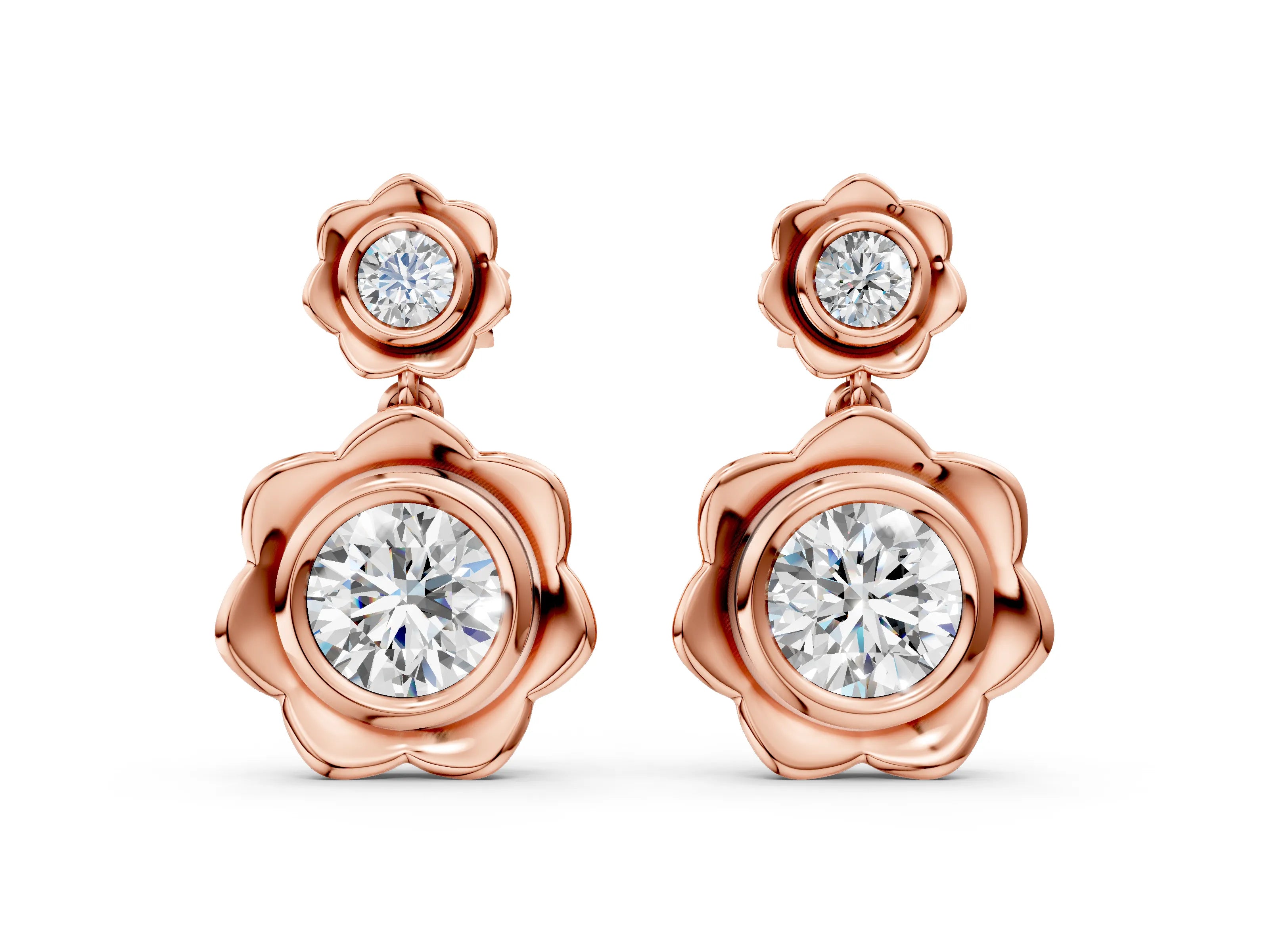 Rose gold Round Diamond Flower Drop Earrings with Lab Diamond Accents_4