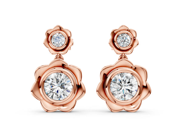 Rose gold Round Diamond Flower Drop Earrings with Lab Diamond Accents