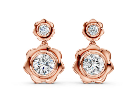 Rose gold Round Diamond Flower Drop Earrings with Lab Diamond Accents_4