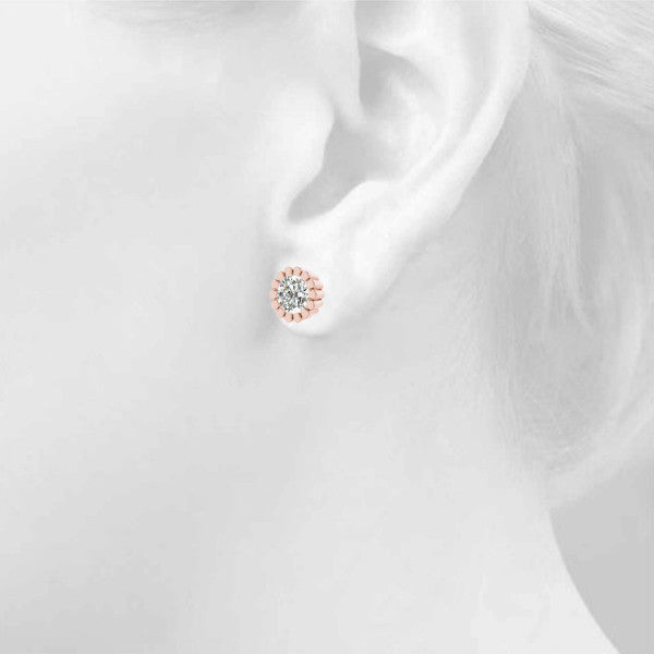 Rose gold Round Diamond Flower Halo Stud Earrings with Petal Prong Setting 4