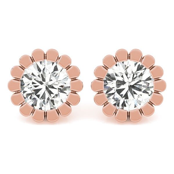 Rose gold Round Diamond Flower Halo Stud Earrings with Petal Prong Setting