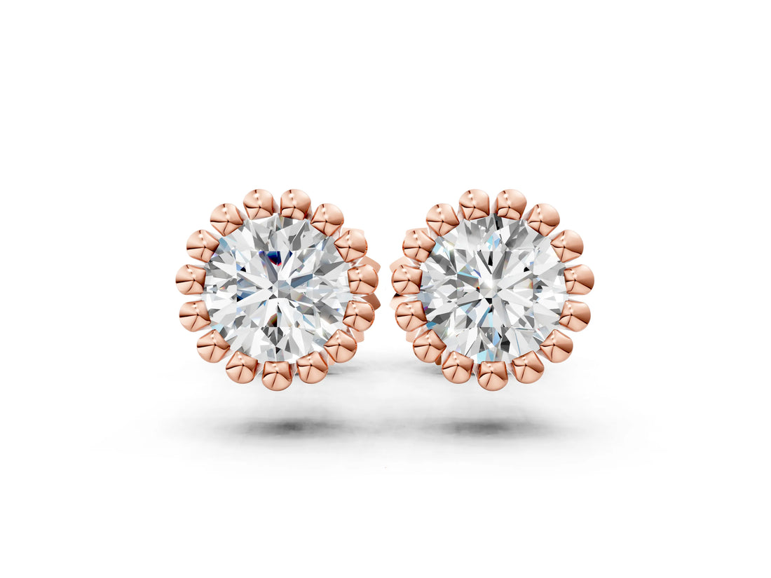 Rose gold Round Diamond Flower Halo Stud Earrings with Petal Prong Setting_10