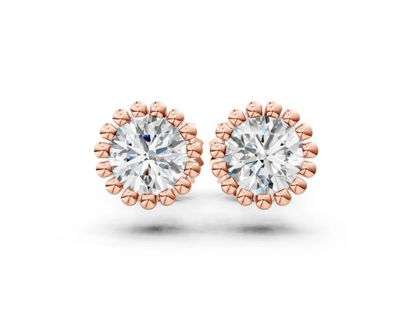 Rose gold Round Diamond Flower Halo Stud Earrings with Petal Prong Setting