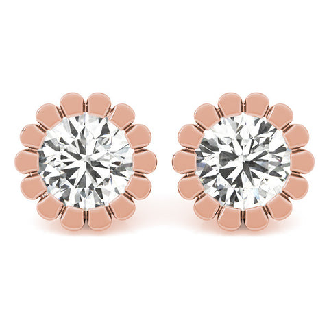 Rose gold Round Diamond Flower Halo Stud Earrings with Petal Prong Setting