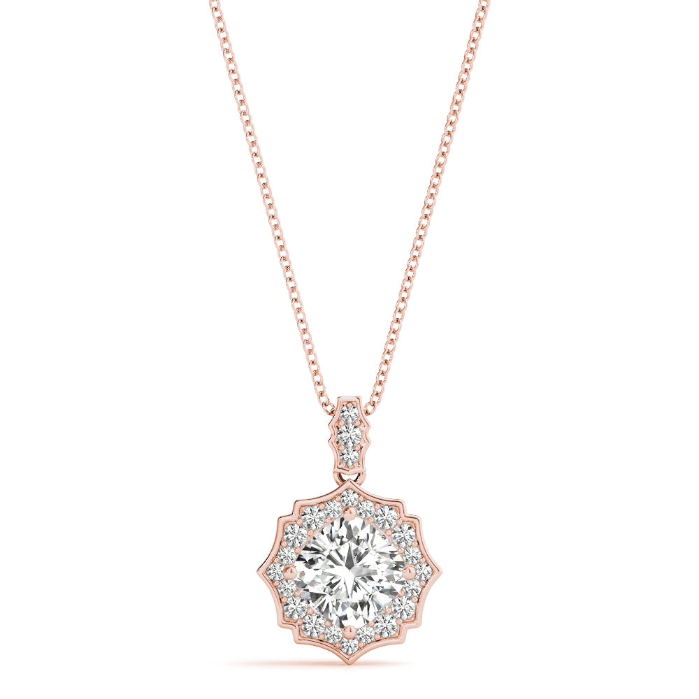 Rose gold Round Diamond Halo Pendant with Milgrain Prong Setting