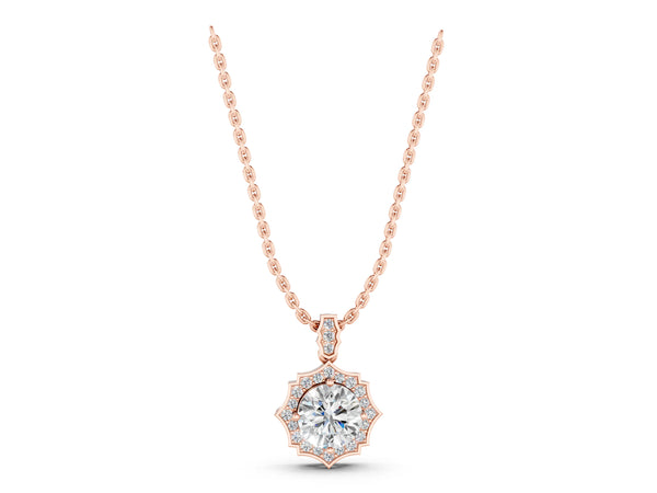 Rose gold Round Diamond Halo Pendant with Milgrain Prong Setting