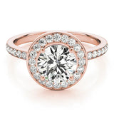 Rose gold Round Diamond Halo Ring with Bezel Frame and Pavé Band 1