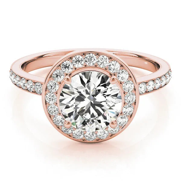 Rose gold Round Diamond Halo Ring with Bezel Frame and Pavé Band