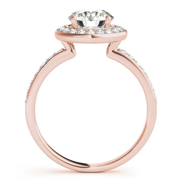 Rose gold Round Diamond Halo Ring with Bezel Frame and Pavé Band