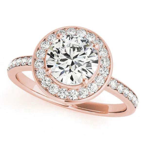 Rose gold Round Diamond Halo Ring with Bezel Frame and Pavé Band