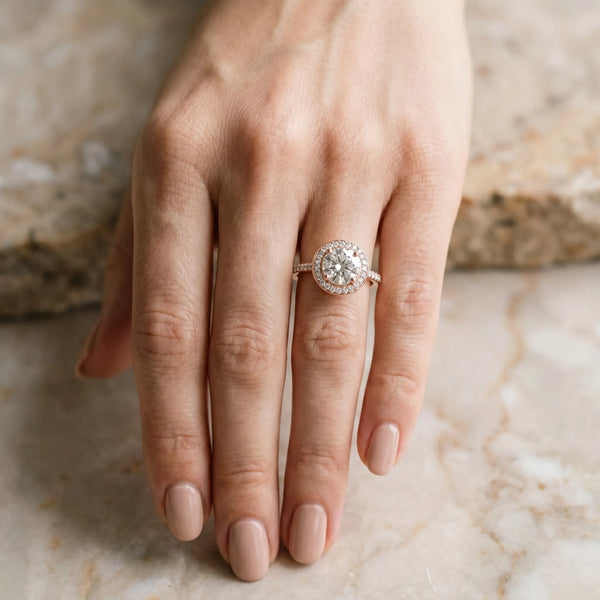 Rose gold Round Diamond Halo Ring with Bezel Frame and Pavé Band