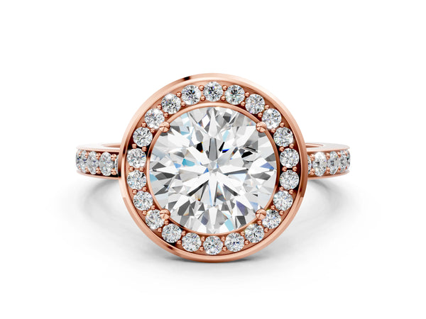 Rose gold Round Diamond Halo Ring with Bezel Frame and Pavé Band