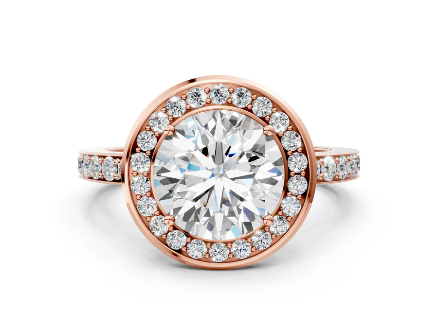 Rose gold Round Diamond Halo Ring with Bezel Frame and Pavé Band