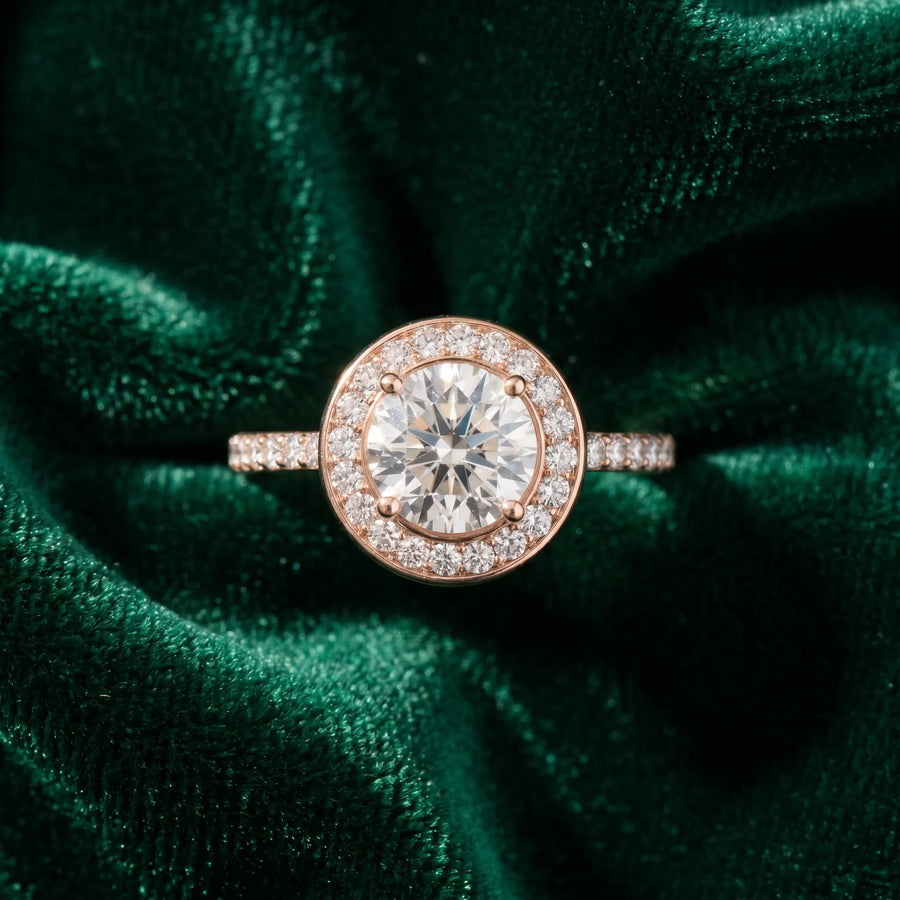 Rose gold Round Diamond Halo Ring with Bezel Frame and Pavé Band