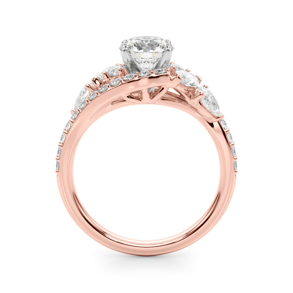 Rose gold Round Diamond Halo Ring with Marquise and Pavé Band in Prong Setting 2