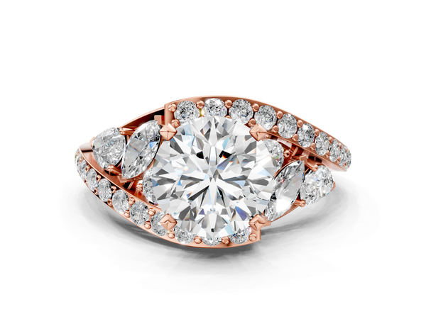 Rose gold Round Diamond Halo Ring with Marquise and Pavé Band in Prong Setting
