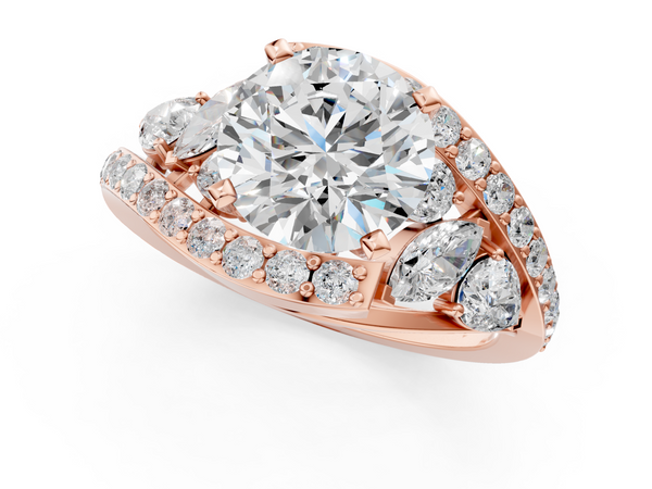 Rose gold Round Diamond Halo Ring with Marquise and Pavé Band in Prong Setting