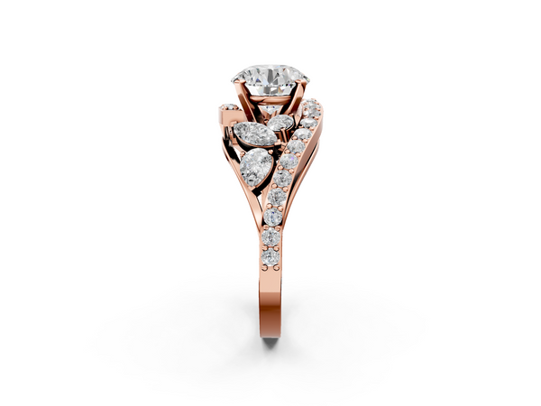 Rose gold Round Diamond Halo Ring with Marquise and Pavé Band in Prong Setting