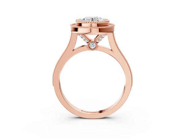 Rose gold Round Diamond Halo Ring with Milgrain Frame and Pavé Band