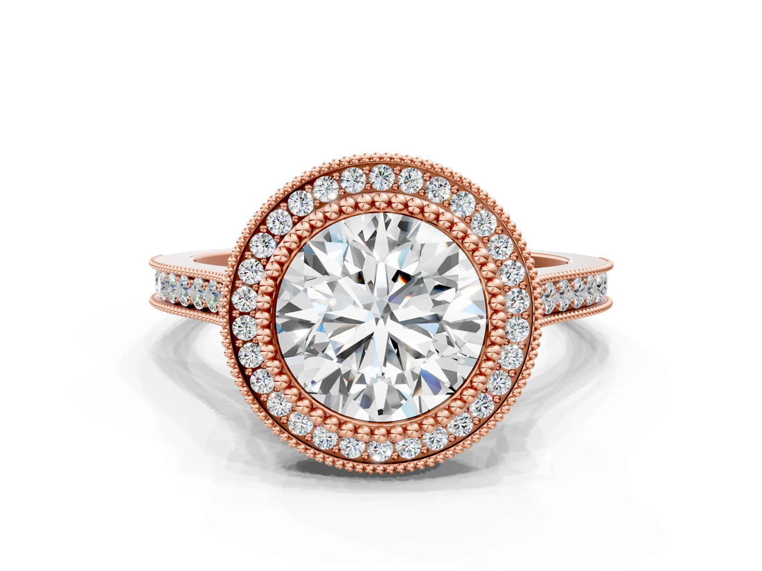 Rose gold Round Diamond Halo Ring with Milgrain Frame and Pavé Band