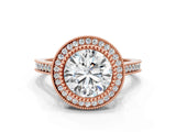 Rose gold Round Diamond Halo Ring with Milgrain Frame and Pavé Band