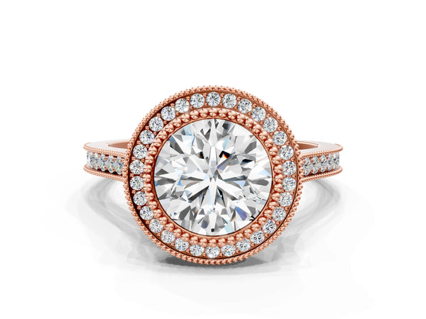 Rose gold Round Diamond Halo Ring with Milgrain Frame and Pavé Band