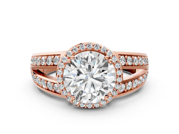 Rose gold Round Diamond Halo Ring with Split Shank Pavé Band and Four-Prong Setting