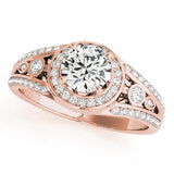 Rose gold Round Diamond Halo Ring with Split Shank and Bezel Accents and Four-Prong Setting