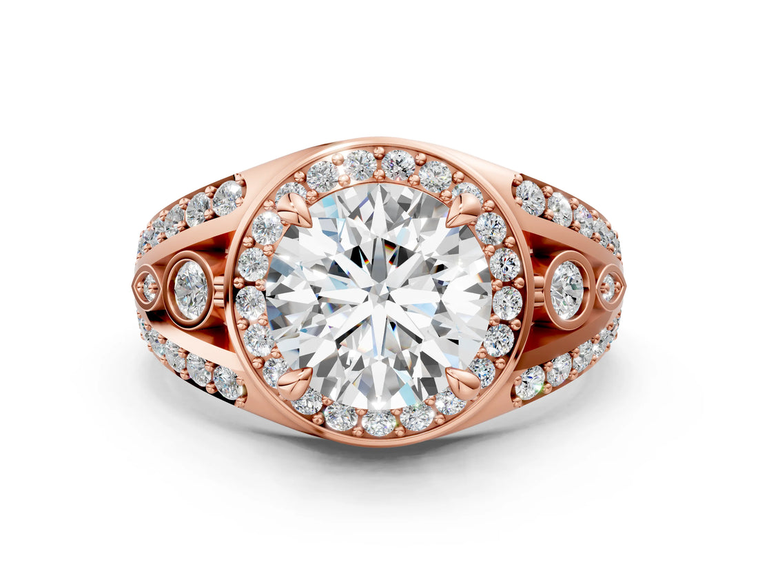 Rose gold Round Diamond Halo Ring with Split Shank and Bezel Accents and Four-Prong Setting_6