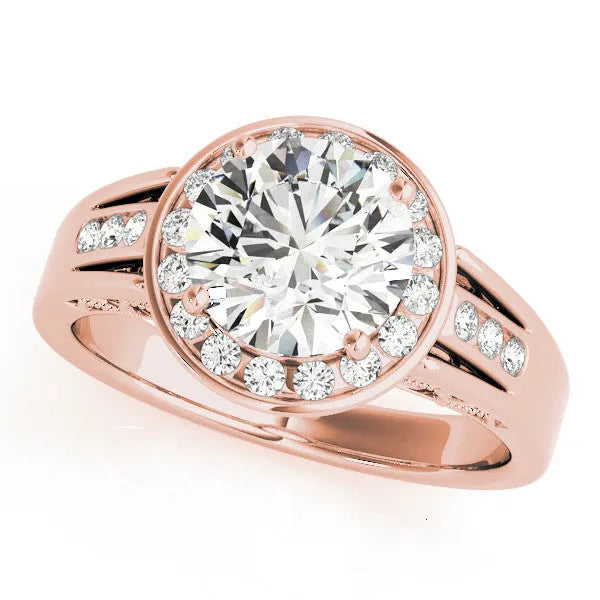 Rose gold Round Diamond Halo Ring with Split Shank and Bezel Accents and Prong Setting