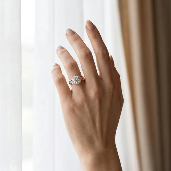Rose gold Round Diamond Halo Ring with Split Shank and Bezel Accents and Prong Setting