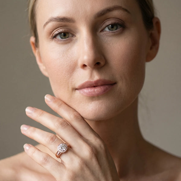 Rose gold Round Diamond Halo Ring with Split Shank and Bezel Accents and Prong Setting