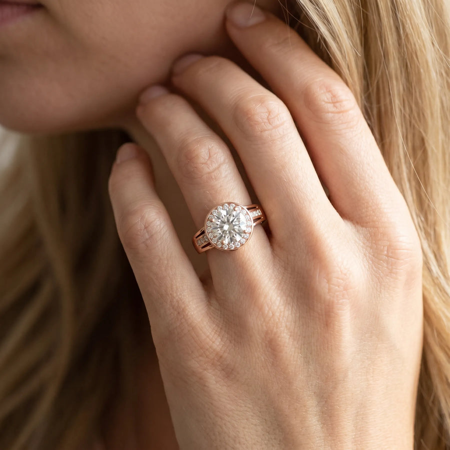 Rose gold Round Diamond Halo Ring with Split Shank and Bezel Accents and Prong Setting