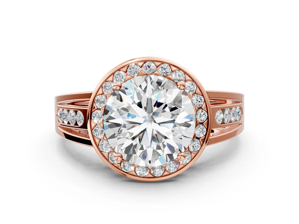 Rose gold Round Diamond Halo Ring with Split Shank and Bezel Accents and Prong Setting