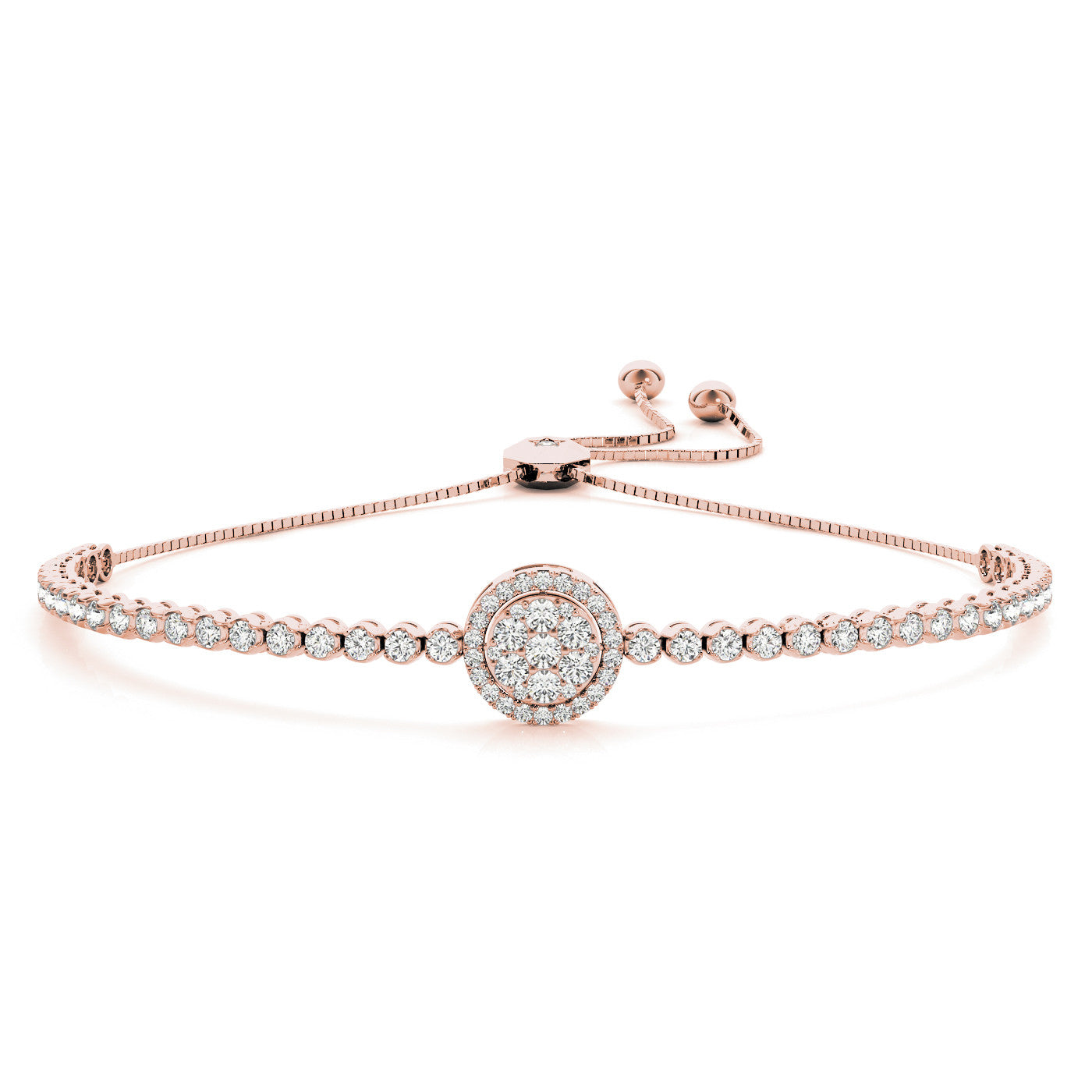 Rose gold Round Diamond Halo Tennis Bracelet with Box Chain and Pavé Setting