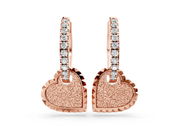 Rose gold Round Diamond Heart Charm Huggie Hoop Earrings