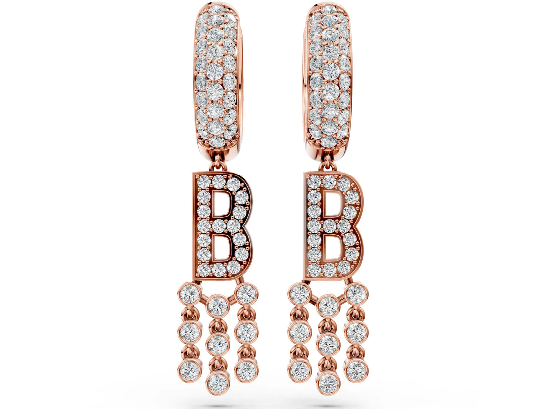 Rose gold Round Diamond Initial B Huggie Hoop Earrings_8